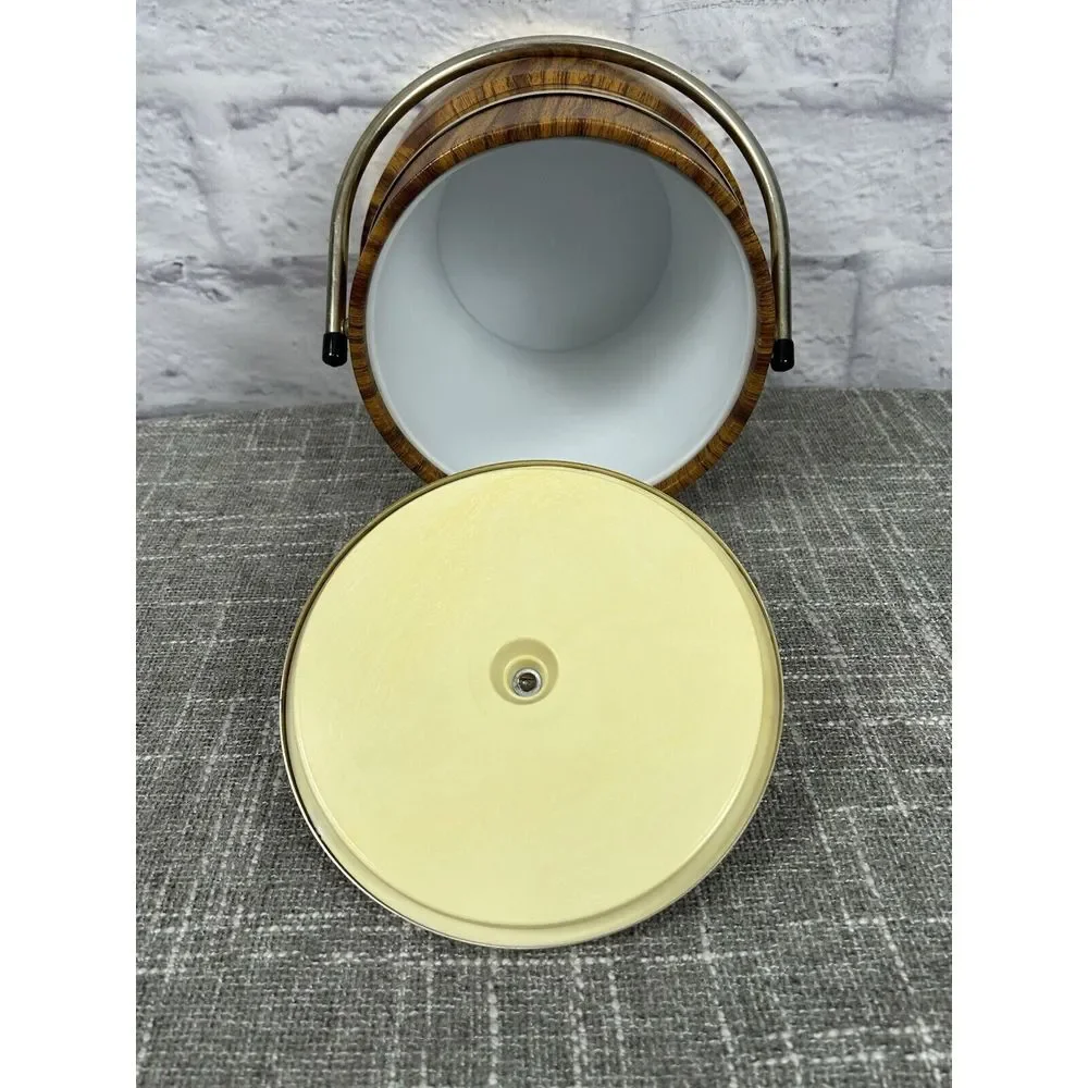 Vintage Ice Bucket‎ Faux Wood Insulated Barware Goldtone Banded Handle Pail